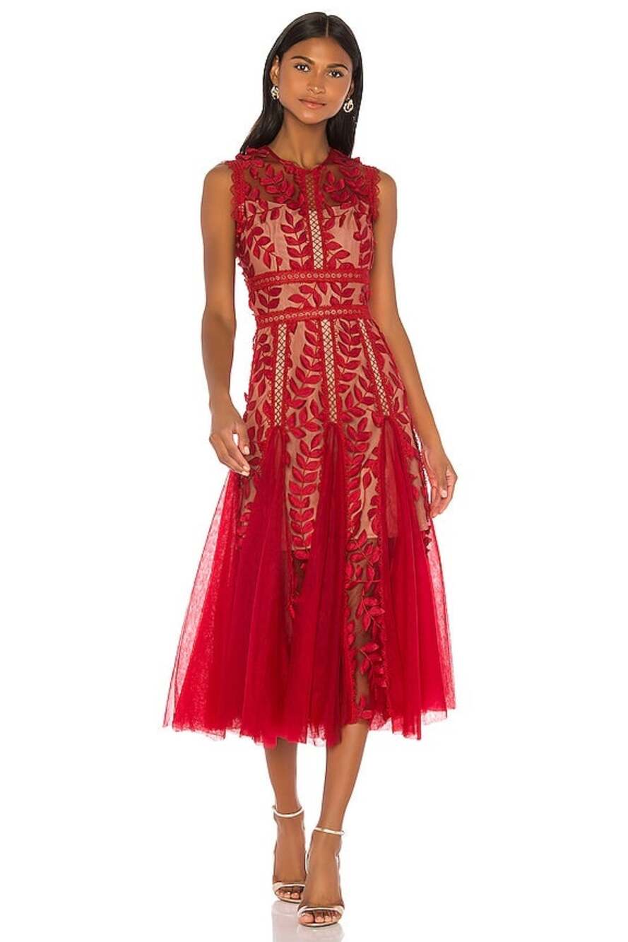 NWT Bronx & Banco Saba Lace Fit & Flare Midi Dress Women 4/S Maroon Red Cocktail